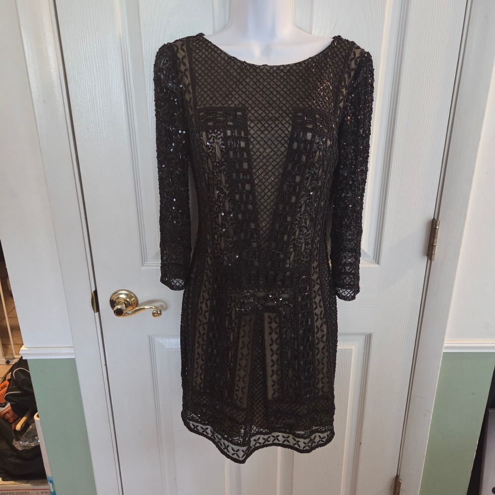 Scala Black Beaded Sequin Art Deco Cocktail Dress Sz 2 Long Sleeve Formal Party
